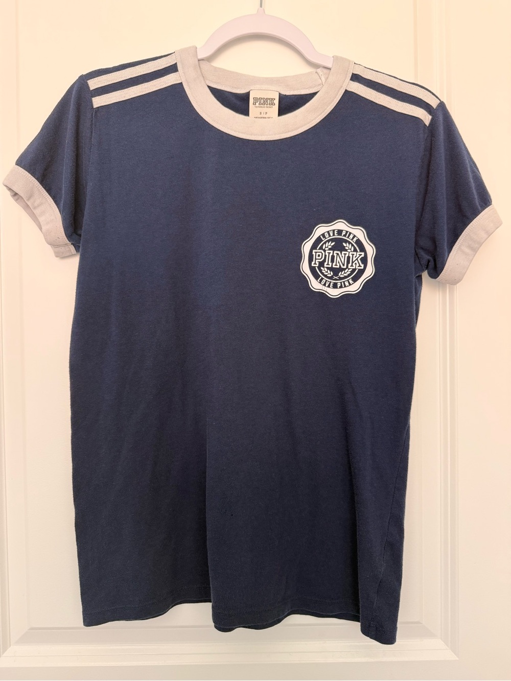 Victoria's Secret PINK Navy and Cream Ringer Short Sleeve Tee Small